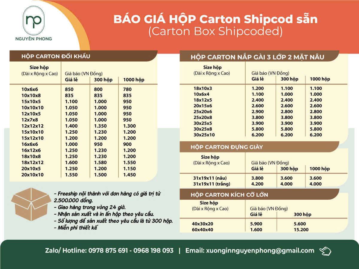 bảng giá in thùng carton 5 lớp sóng BC tại xưởng in Nguyên Phong